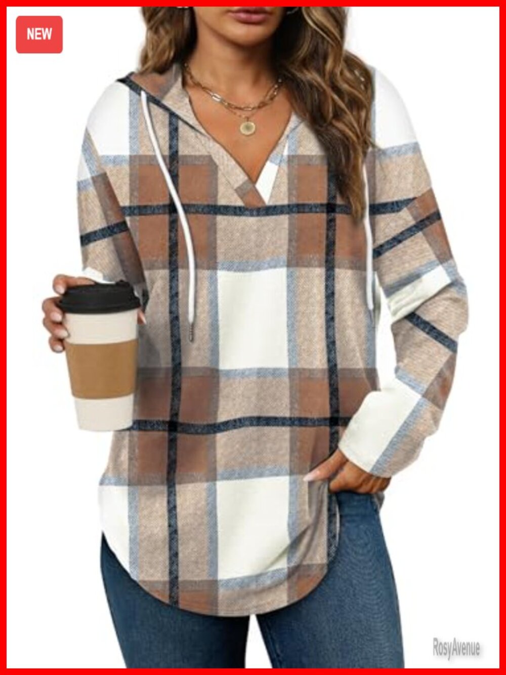 Oversized Plaid Hoodie Pullover V Neck Long Sleeve Loose Fit Sweatshirt